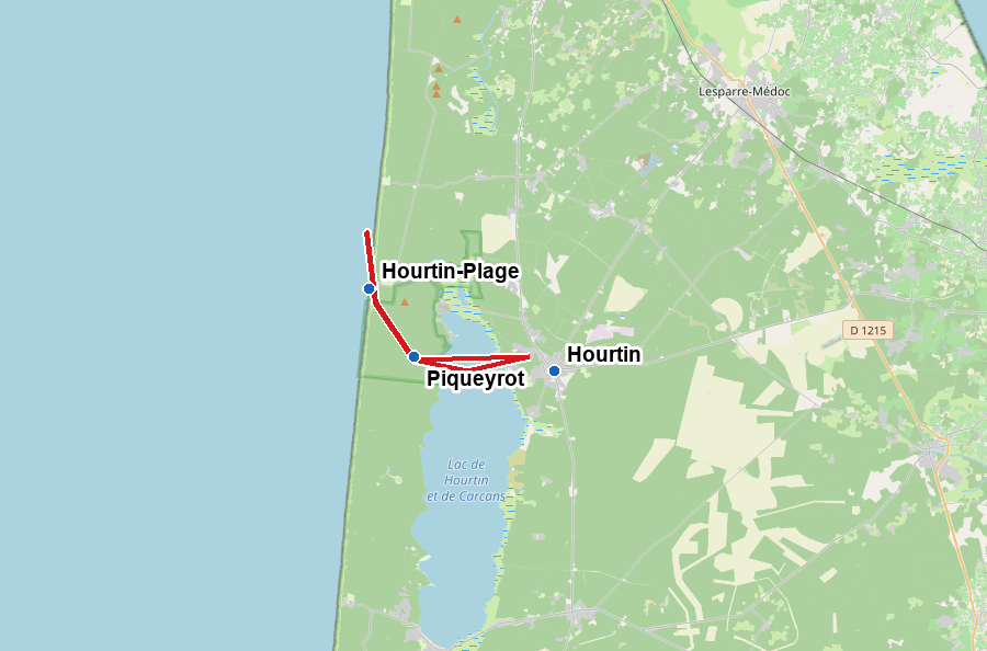 Carte de la zone de vol entre le lac d’Hourtin et la côte atlantique