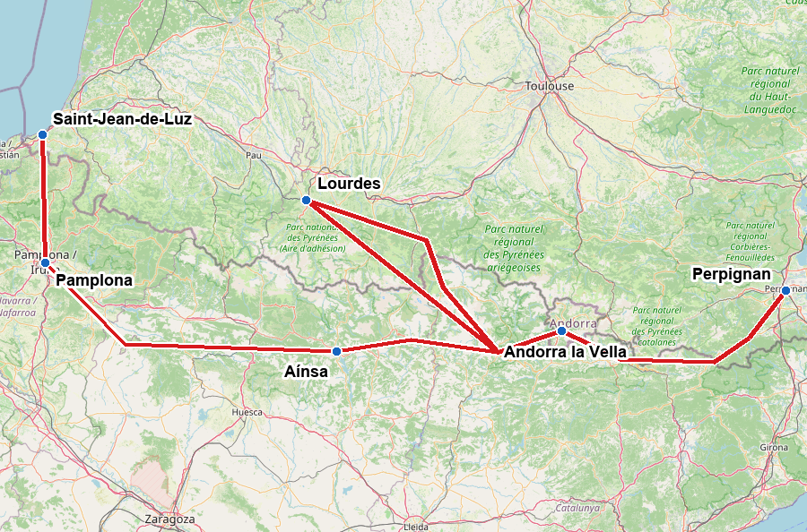 Carte du circuit pyrénéen de Perpignan à Saint-Jean-de-Luz