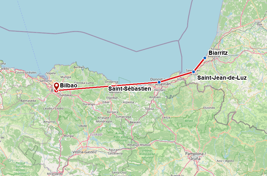 Karte der Reise von Biarritz über Saint-Jean-de-Luz nach Bilbao