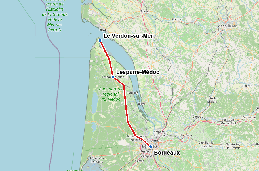 Karte der D1215 zwischen Bordeaux und Le Verdon-sur-Mer