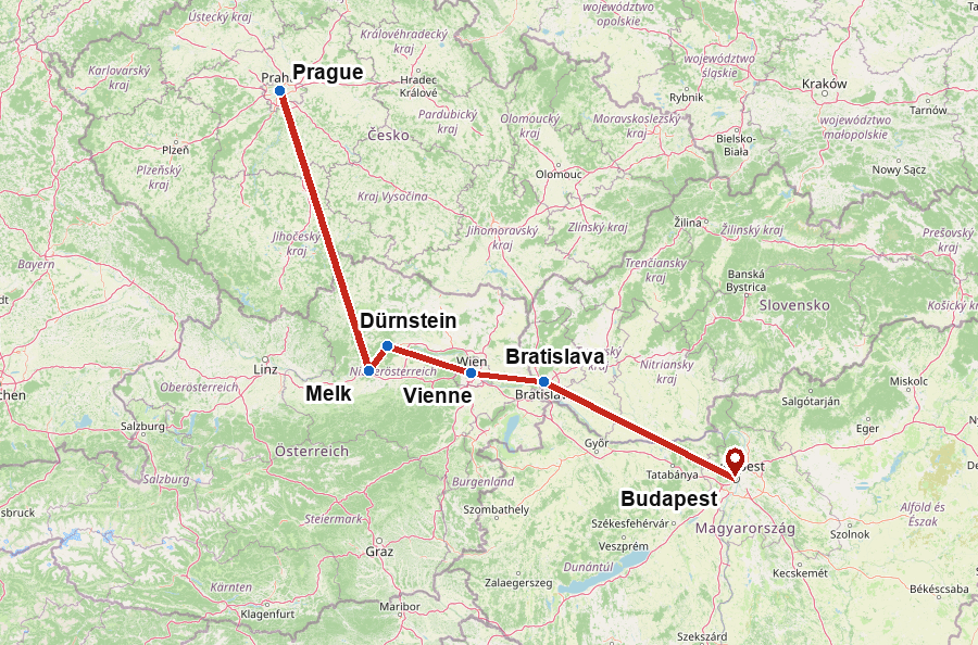 Itinéraire de Prague à Budapest par Melk, Dürnstein, Vienne et Bratislava