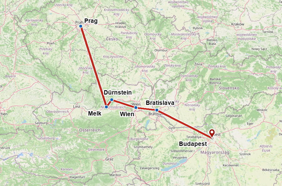 Reiseroute von Prag über Melk, Dürnstein, Wien und Bratislava nach Budapest