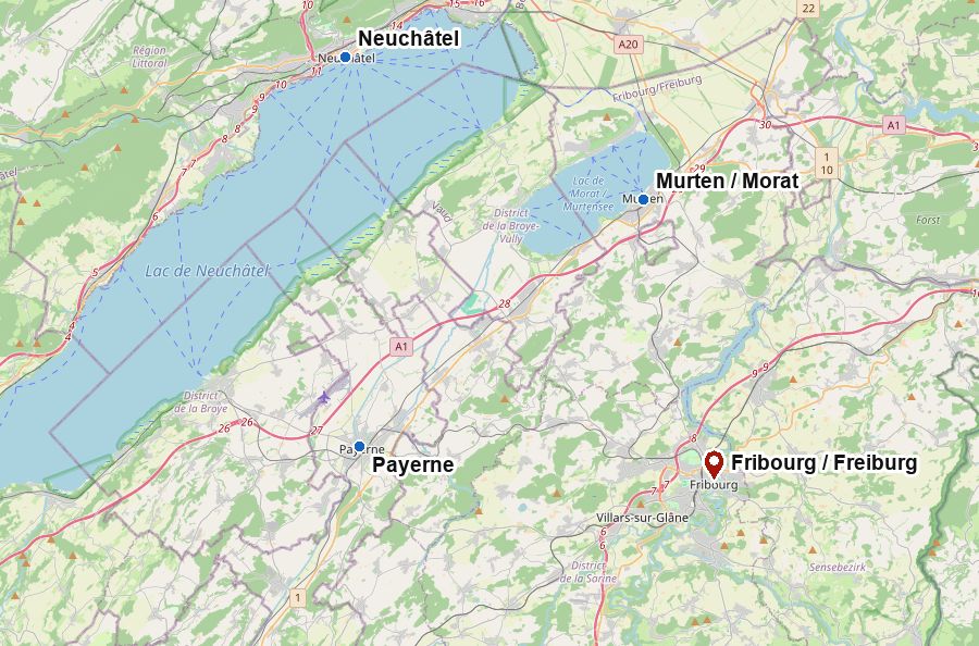 Localisation de Fribourg en Suisse avec Neuchâtel, Morat et Payerne
