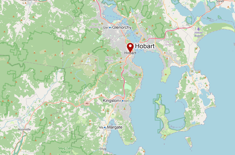 Localisation de Hobart en Tasmanie, avec Melbourne et Launceston comme repères