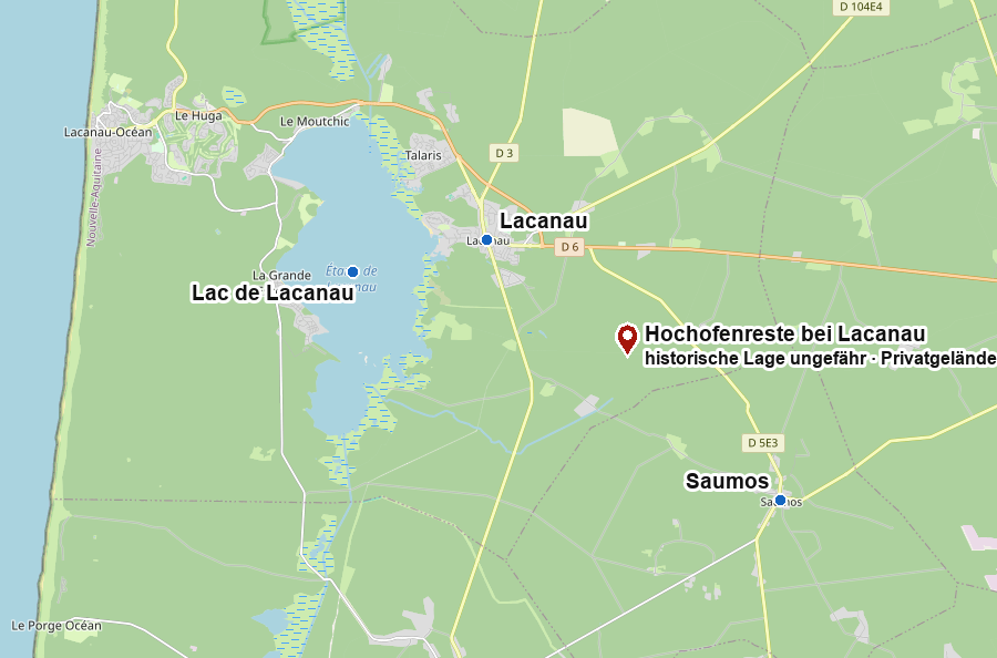Ungefähre historische Lage der Hochofenreste im Wald bei Lacanau