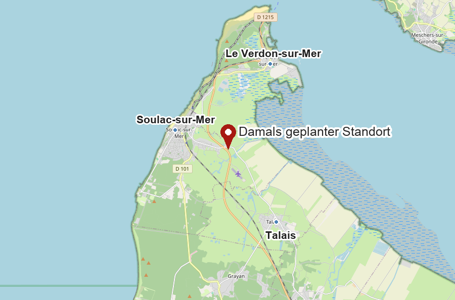 Karte des damals geplanten Standorts am Marais bei Soulac