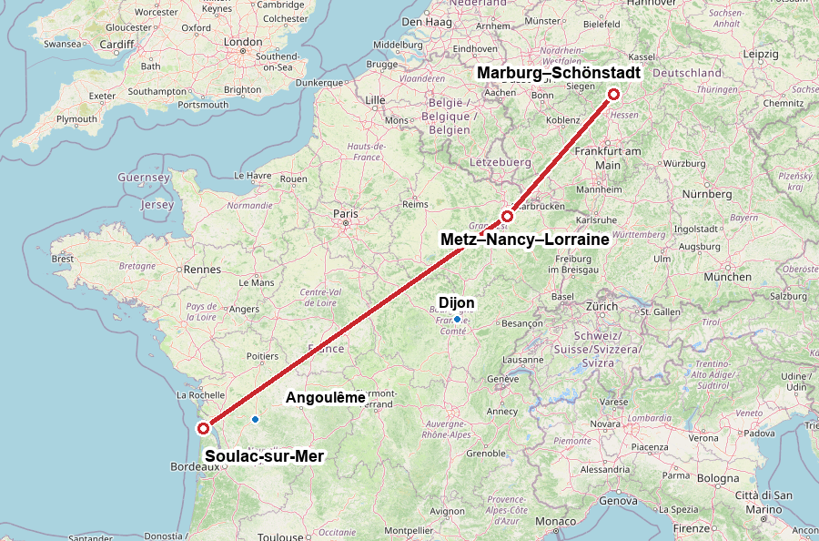 Karte der Flugstrecke von Marburg nach Soulac