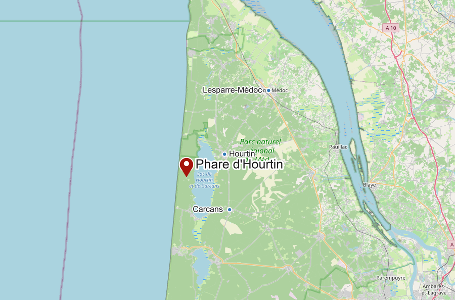 Lage der Leuchttürme von Hourtin zwischen Atlantik und Lac d’Hourtin