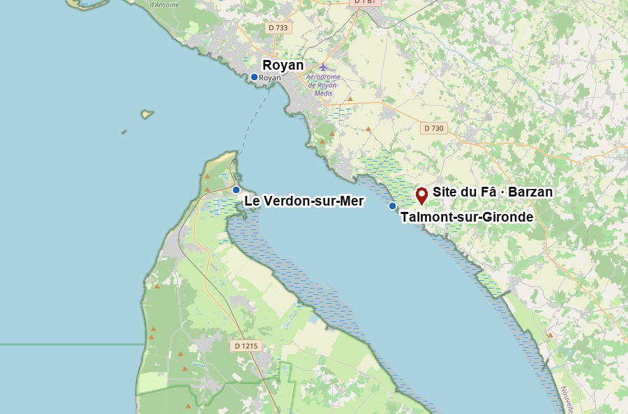 Lage der archäologischen Site du Fâ bei Barzan an der Girondemündung